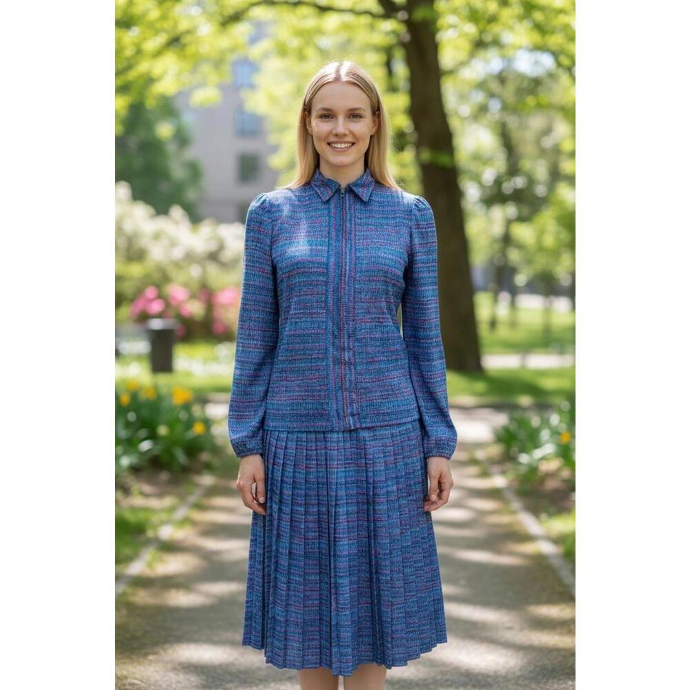 Vintage California Girl 70s Blue Pleated Dress Long Sleeve Retro Boho Size  8